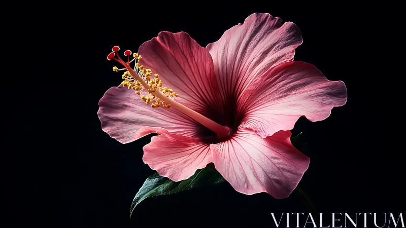 Pink hibiscus flower with golden stamen against deep black background isolation