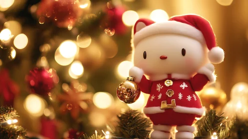 Photorealistic kawaii holiday cat figurine with bokeh lights.