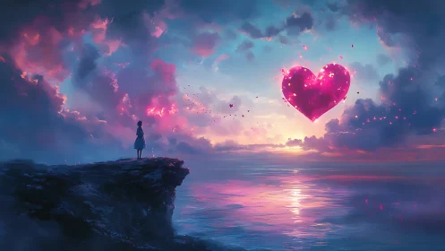 Woman on Cliff with Glowing Heart Sky.