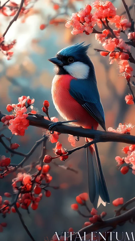 Gentle songbird resting amid soft coral spring blossoms.