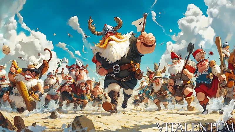 Dynamic cartoon viking horde charge under expansive sky.