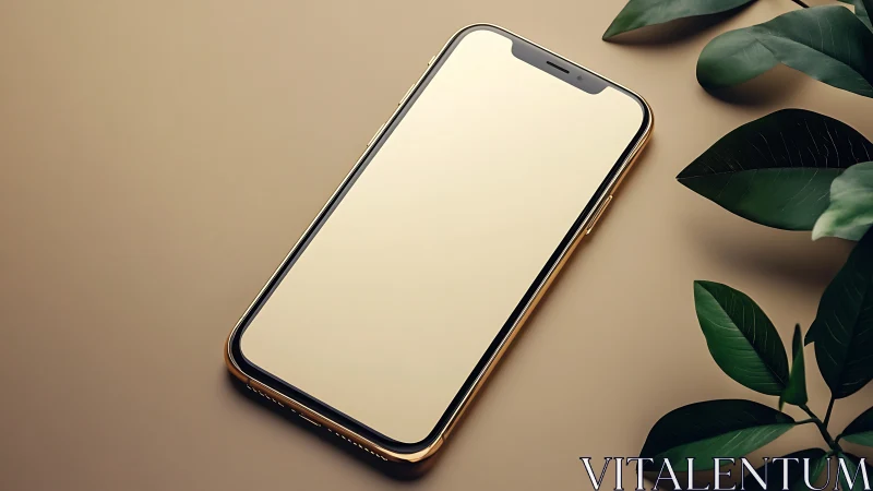 Golden smartphone meets verdant whispers amid minimalist serenity.