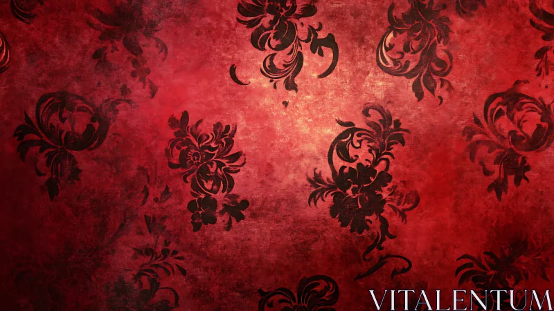 Baroque black floral damask blooms across aged red velvet