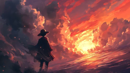 Silhouetted wanderer watching a blazing ocean sunset sky.