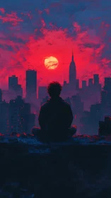 Solitary figure watching red sunset over dark city skyline.