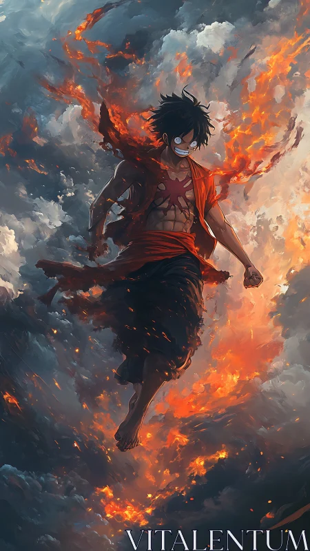 Fiery airborne fighter traversing storm-turbulent cloudscape.