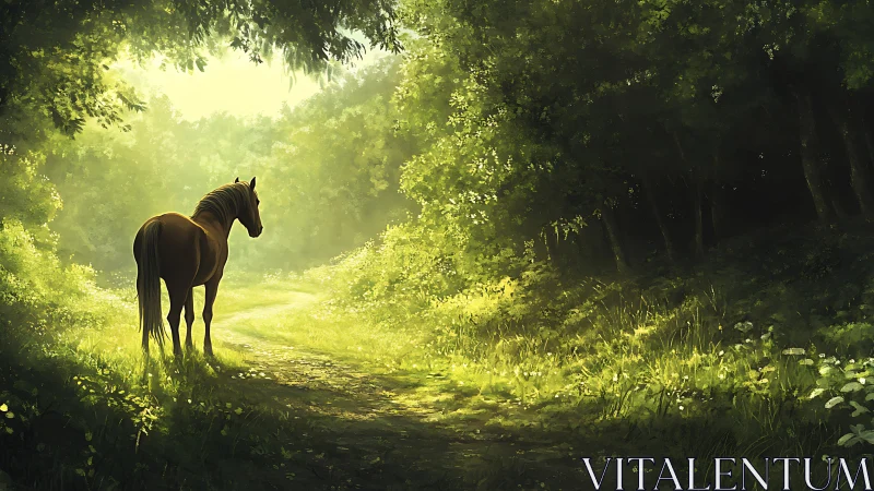 Digital painting of horse on sunlit forest path composition.