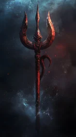 Fiery demonic trident rises from swirling cosmic mist.