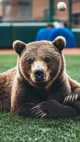 Grizzly bear reclining on baseball field turf with ball in play