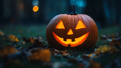 Illuminated carved pumpkin outdoors at dusk on grass.