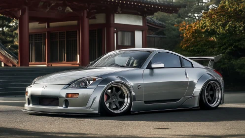 Widebody Nissan Z33 stance car with aero kit in temple courtyard
