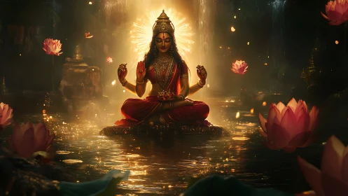 Radiant goddess in lotus pond glowing with gentle serenity.