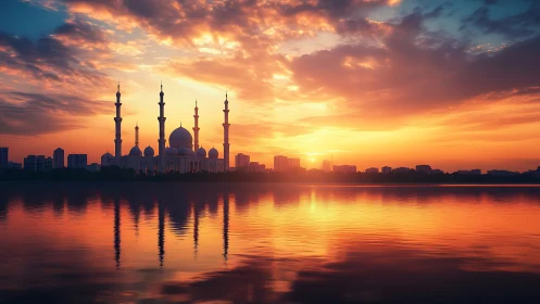 Lakeside mosque skyline with domes and minarets at vivid sunset