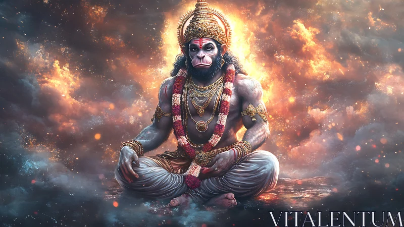 Radiant divine monkey warrior sits in calm celestial light