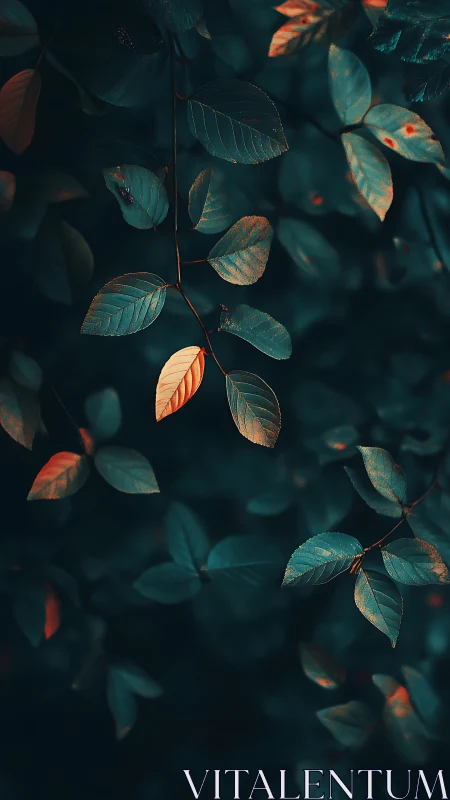 Lone ember leaf glows quietly in teal forest hush.