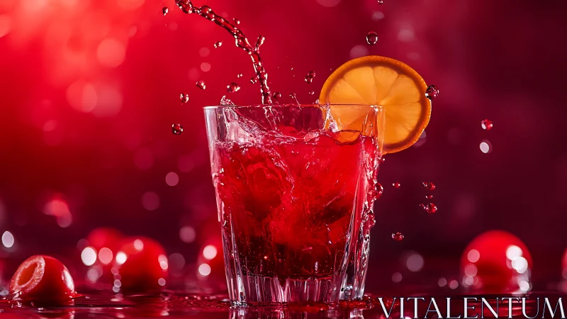 Glass of carbonated red beverage with ice and orange slice garnish