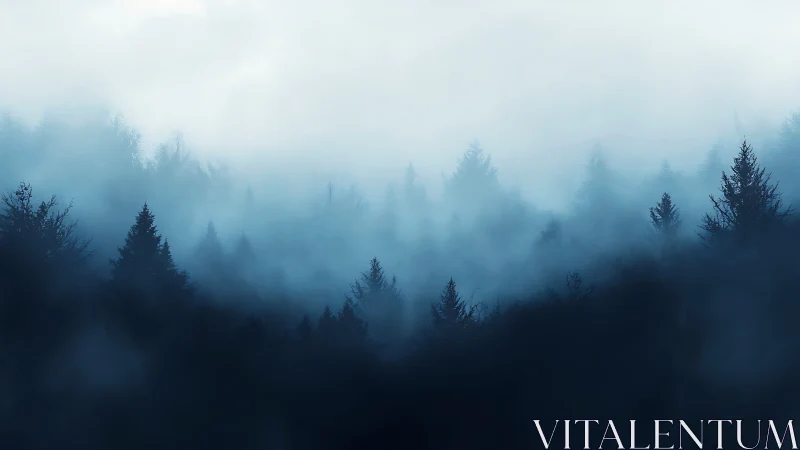 Atmospheric Forest Through Layered Mist and Fog.
