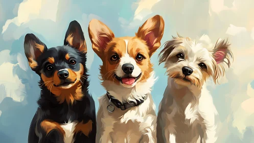 Three cheerful dogs in bright painterly portrait style.