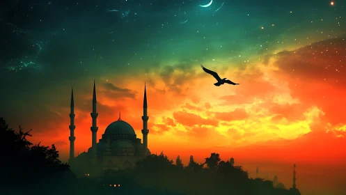 Silhouetted mosque rises beneath a radiant cosmic sunset sky