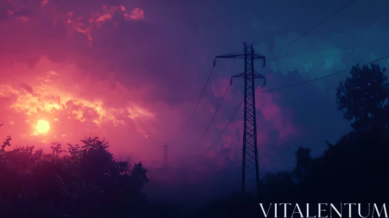 Neon dusk storm crowns a lone transmission tower silhouette.