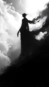 Shadowborne sentinel rising through stormlit heavens.