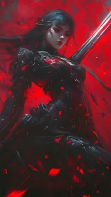 Armored female warrior in red abstract digital scene.