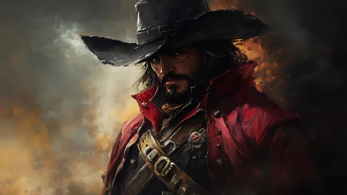 Storm-worn gunslinger studies the horizon through fire-slick dusk