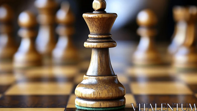 Macro focal study of wooden chess queen on checkered board.