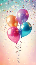 Colorful Balloons Floating with Confetti Against Gradient Sky