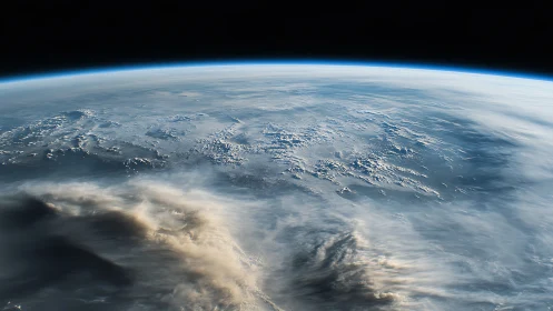 Curved Earth horizon with atmospheric cloud layers from orbit