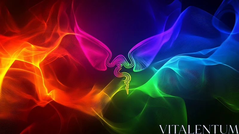 Vibrant neon waves converge around a glowing abstract emblem