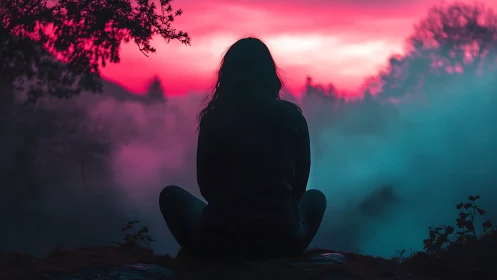 Silhouetted woman meditates before neon misty sunset