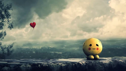Weathered emoticon figure observes drifting red heart balloon