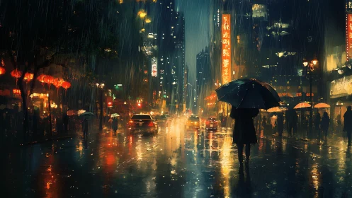 Rain-soaked city street at night with illuminated signage.