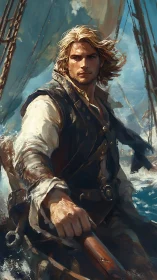 Blond sailor steering ship in dynamic seascape scene.