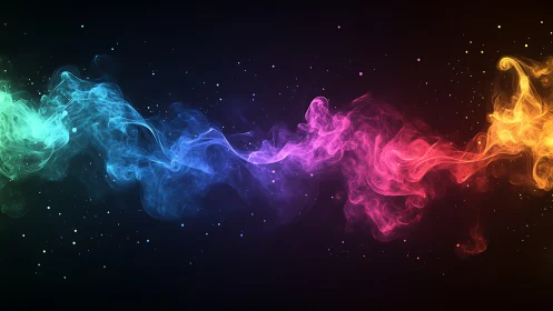 Vibrant multicolor smoke wave on dark cosmic gradient background.