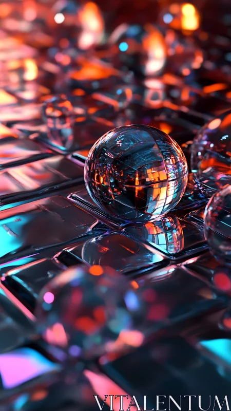 Glass spheres rest on reflective grid under colored lighting
