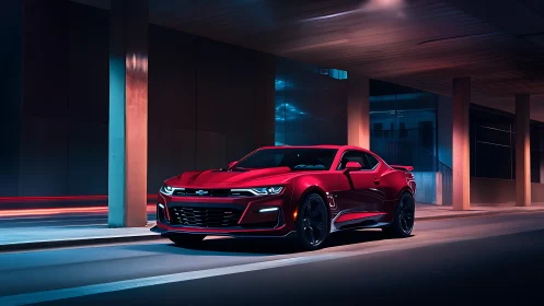 Red sports coupe parked on urban night street scene.