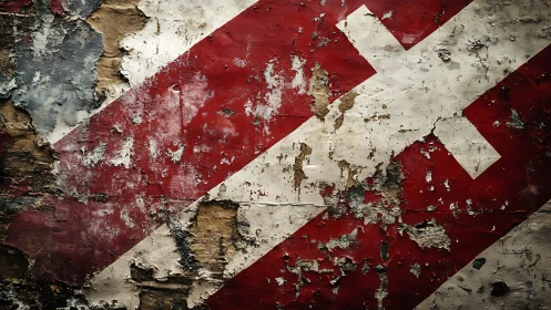 Weathered red diagonal wall shows peeling geometric stripes