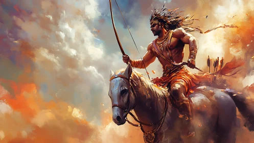 Mythic warrior archer rides warhorse through burning sky.