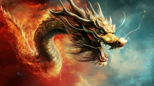 Mythic fire dragon surging through burning sky divide.