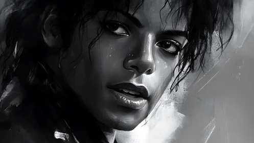 Storm-lit gaze in monochrome, a portrait paused mid-breath.