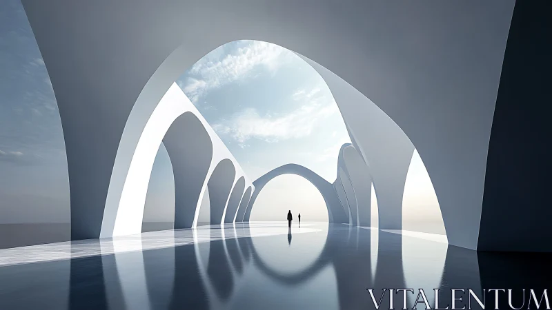 Modern Arched Corridor with Sky Opening and Figures.