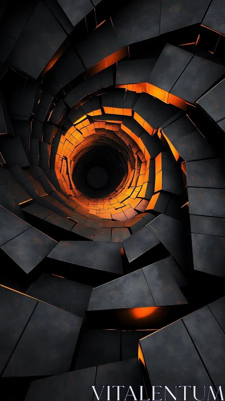 Spiral tunnel of fractured metal panels reveals molten core