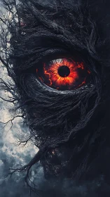 Central red eye structure embedded in dense black roots