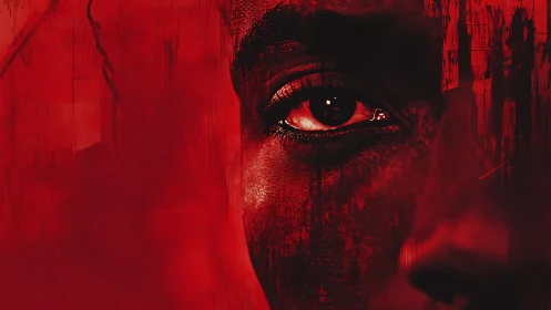 Intense red portrait drawing you into a single searching eye.