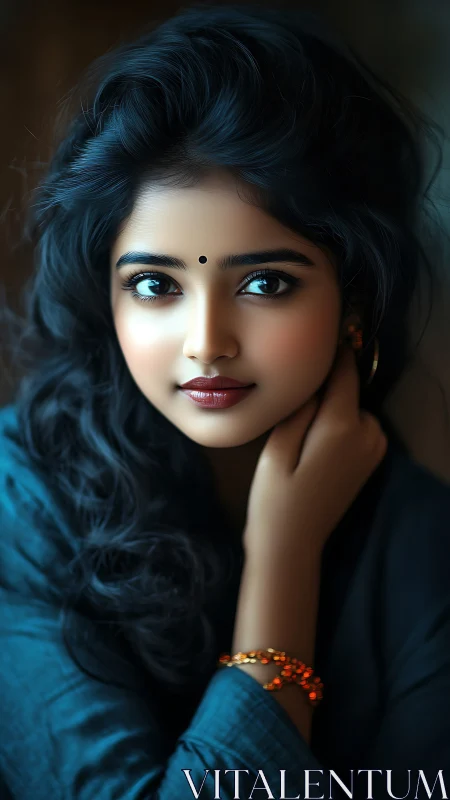 Softly lit portrait of a young woman with luminous eyes.