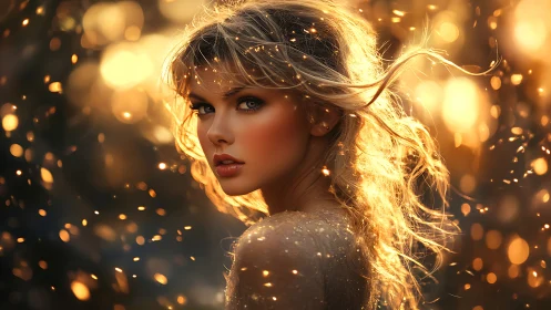 Golden light portrait of woman with glowing hair and embers.