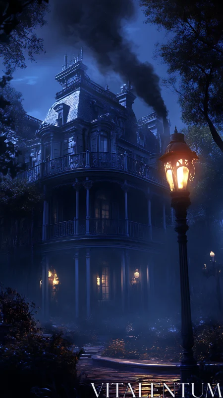 Victorian mansion at night with gaslamp and chimney smoke
