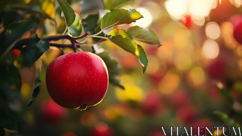 Ripe red apple rendered in shallow-depth orchard bokeh light